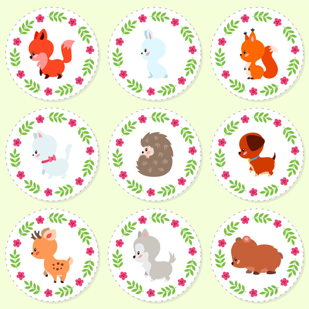 Cute cupcake toppers. Set of cupcake toppers with cartoon illustrations of little animals. Vector 8 EPS. - Vecteur, image