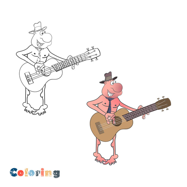 Rajzfilm vetkőzött férfi kalapban és nyakkendőben gitározik. Vektor illusztráció formájában színezés és színes példa. - Vektor, kép