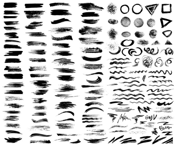 Large set of hand brush strokes and design elements isolated black on white. - Vector, Image