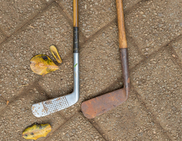 Hickory shafted vintage golf clubs isolated outdoors - Fotoğraf, Görsel