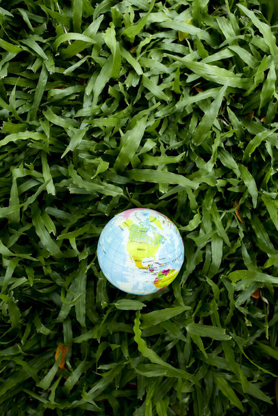 Globe fekszik zöld fű mező koncepció - Fotó, kép