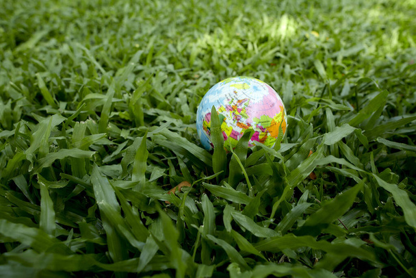 Globe lies on green grass field concept - Photo, Image