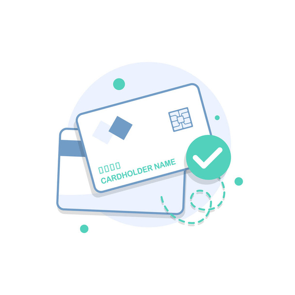 Débito de plástico ou cartão de crédito com um ícone de pagamento aprovado, ilustração de vetor de ícone de design plano
 - Vetor, Imagem