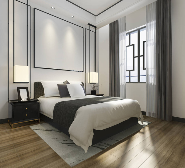 3D-Rendering schönen minimalen Luxus asiatischen Schlafzimmer-Suite im Hotel mit tv - Foto, Bild