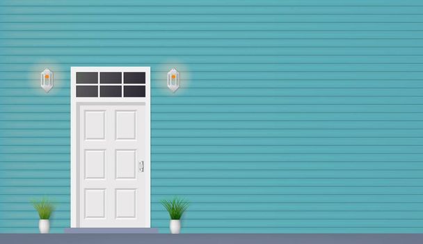 wooden door of house front view with lamps - Vector, Image