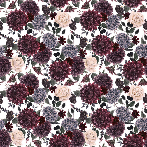 Beautiful seamless pattern with watercolor dark blue, red and black dahlia hydrangea flowers. Stock illustration. - Foto, Imagem