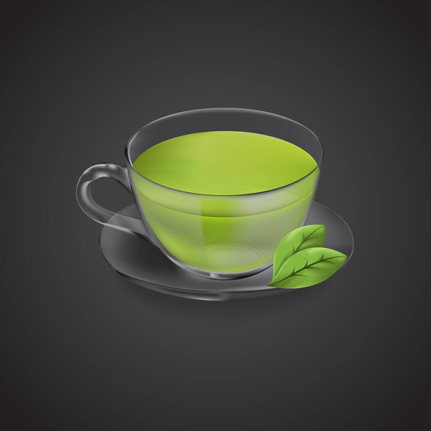 A cup of tea isolated on black background. Health drink linden tea in a glass cup. Vector illustration. - Vecteur, image