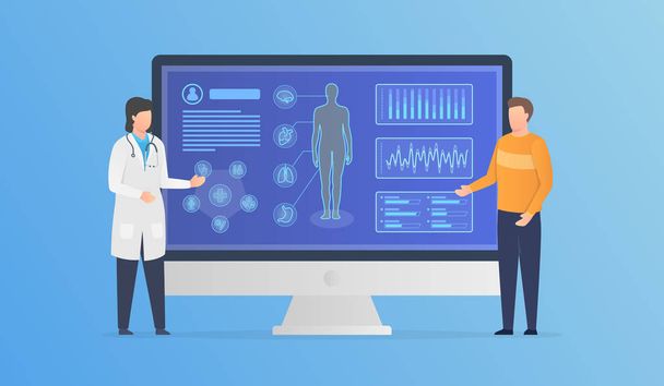 emberi test egészségügyi elemzés orvos és beteg konzultáció a modern infografika modern lapos stílus - Vektor, kép