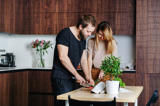 Happy young couple at home, busy in the kitchen, slicing vegetables. - Foto, Bild