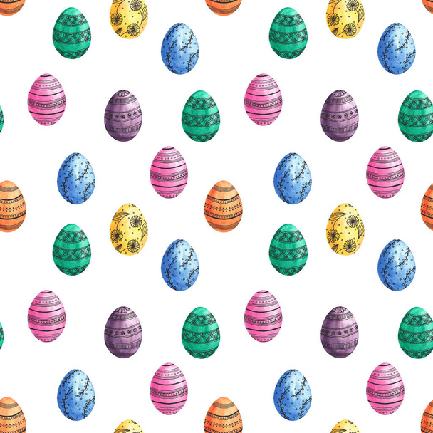 Seamless easter eggs pattern. Watrcolor eggs on white background.Texture for wrapping paper, textile, scrapbooking,. - Foto, Bild