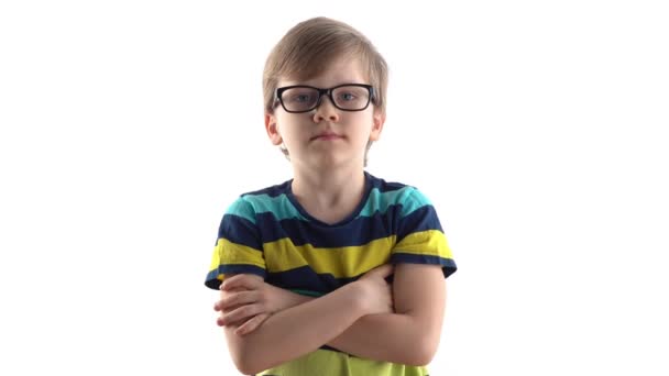 白い背景に重大な少年のスタジオポートレート。眼鏡をかけた1年生 - 映像、動画