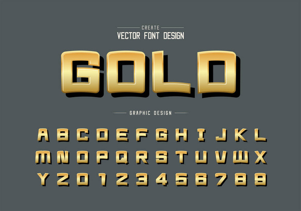 Gold font and cartoon alphabet vector, Golden square typeface letter and number design, Graphic text on background - Vector, Image