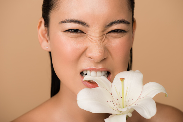 красивая голая азиатская девушка кусает белую лилию изолированную от бежевого
 - Фото, изображение