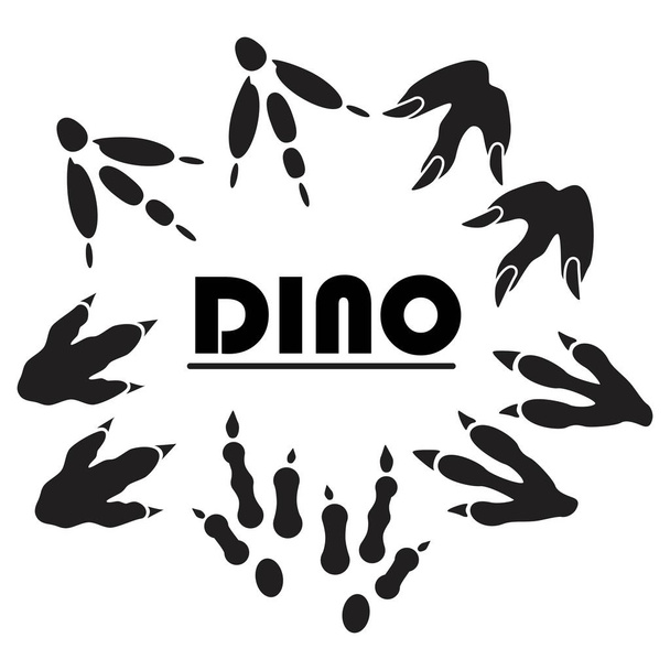 Dinosaurier Fußabdruck Spuren schwarz gesetzt. Pfote, Tiermonster, uraltes Reptil - Vektor, Bild