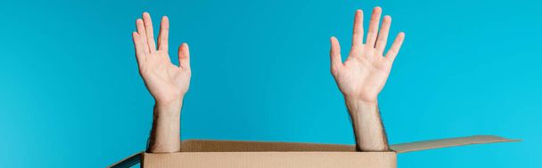 Hands of courier in cardboard package isolated on blue, panoramic shot - Fotoğraf, Görsel
