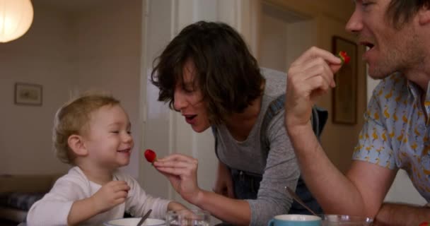 Side view of a Caucasian couple enjoying family time at home, eating strawberries and feeding their baby strawberries in the kitchen, slow motion - Filmagem, Vídeo