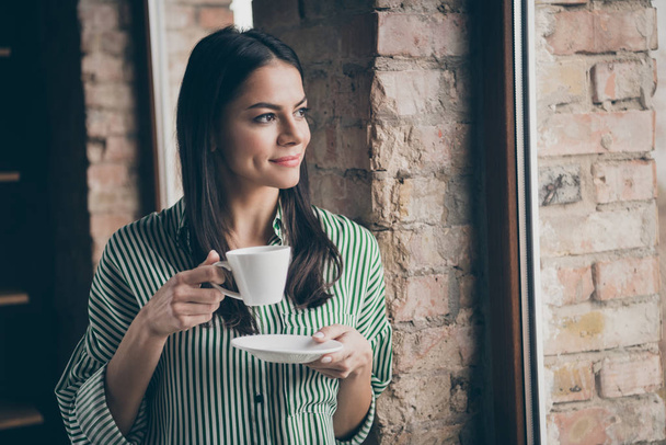 Close-up portrait of nice-looking attractive peaceful dreamy content successful businesslady freelancer looking at window drinking tea at modern industrial brick loft interior style work place station - Zdjęcie, obraz