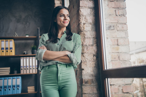 Portrait of her she nice attractive cheerful dreamy peaceful successful businesslady looking at window waiting boyfriend end of day at modern industrial brick loft interior style work place station - Φωτογραφία, εικόνα