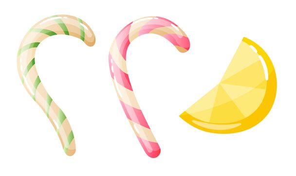 Set of sweets on white background - hard candy and bar, candy cane, lollipop, candy on stick. Tasty delicious. Vector illustration - Vector, Image