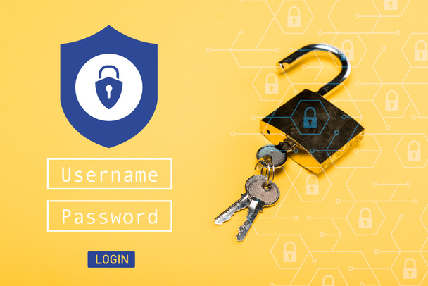 padlock with keys near username, password and login lettering on yellow  - Photo, Image