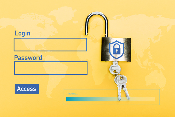вид сверху шкафчика с ключами рядом с логином, пароль и доступ наклоняются на желтый
 - Фото, изображение