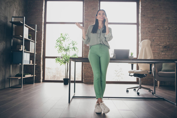 Full length photo of attractive business lady good mood chatting colleagues telephone responsible friendly person wear striped shirt leaning table modern interior spacious office indoors - 写真・画像