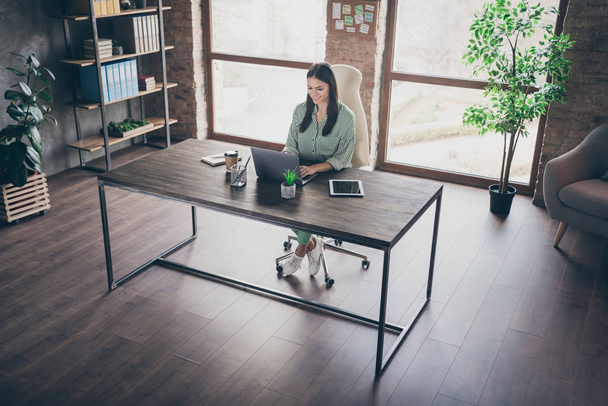Above high angle view of her she nice attractive cheerful confident successful lady ceo boss chief typing presentation at modern industrial brick loft interior style work place station - Foto, Imagen