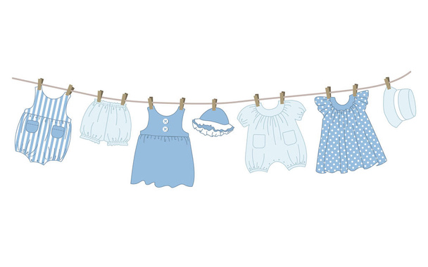 Baby clothes hang on the clothesline. Things are dried on clothespins after washing. Vector illustration in blue colors - Vector, Image