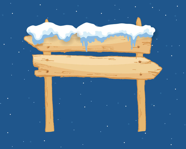 Cartoon wooden winter sign with snow cap vector illustration. Snowy sign board. Wood directional arrow, snow covered banner - ベクター画像