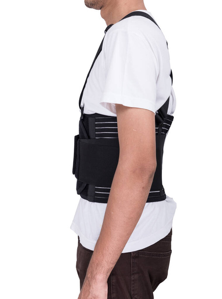 Worker man wear back support belts isolate ob white background - Foto, imagen