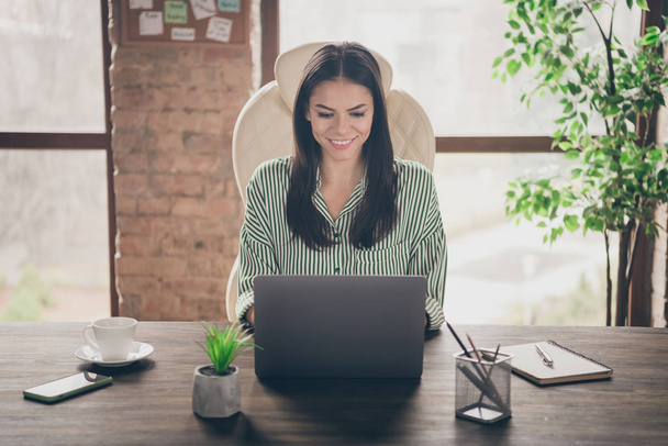 Portrait of her nice attractive focused busy cheerful cheery lady pr hr executive director creating presentation report data analysis at modern industrial brick loft interior style work place station - Fotoğraf, Görsel