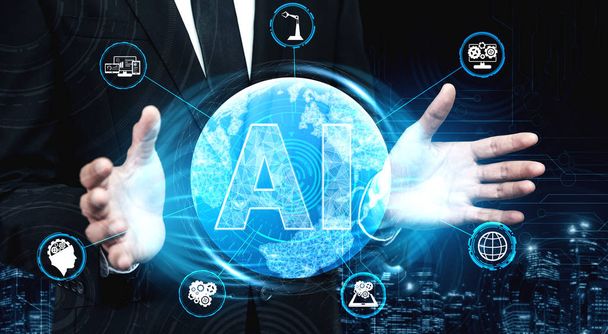 AI Learning and Artificial Intelligence Concept - Icon Graphic Interface zobrazující počítačové, strojové myšlení a umělou inteligenci digitálních robotických zařízení. - Fotografie, Obrázek