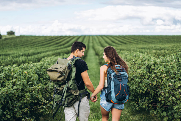 Back view of young couple with backpacks on currant plantations  - Fotó, kép