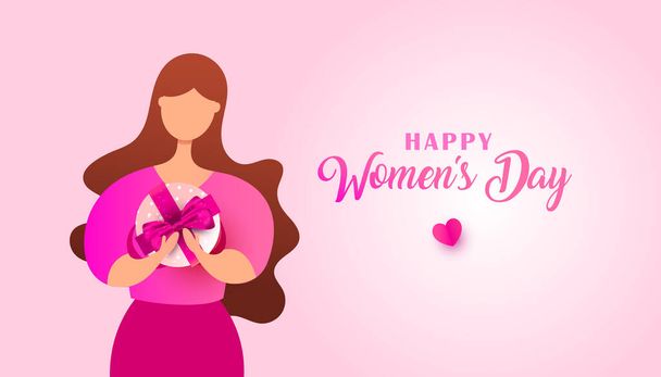 Women day banner desig nof young woman surprise box with a gift. - Вектор,изображение
