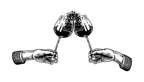 乾杯し、手にワインのグラスをクリック.お祝いのコンセプト。赤ブドウアルコール飲料。ヴィンテージバッジアルコールのテンプレートラベルをスプラッシング。半甘いドライドリンク。彫刻. - ベクター画像