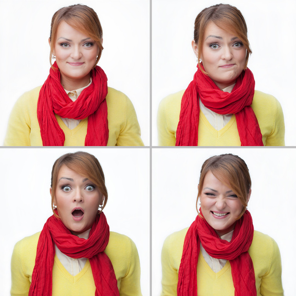 woman emotions collage isolated on white - Foto, Imagem