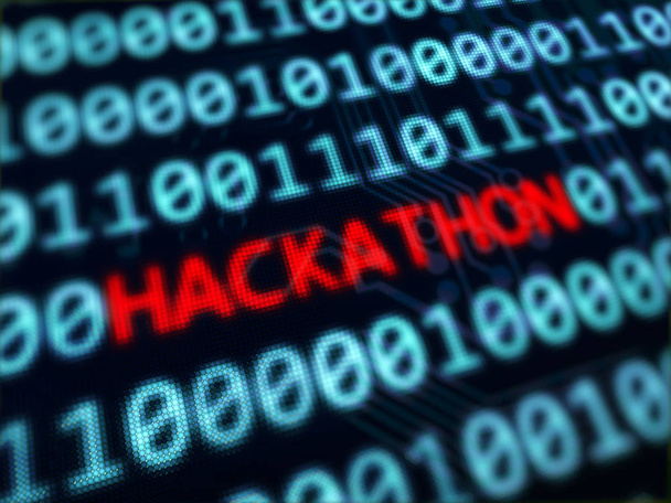 Hackathon red text between blue binary data on pixels screen 3D rendered with depth of field - 写真・画像