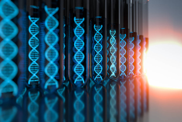 Testovací trubice a chromozomy, DNA a geny, 3d rendering. - Fotografie, Obrázek