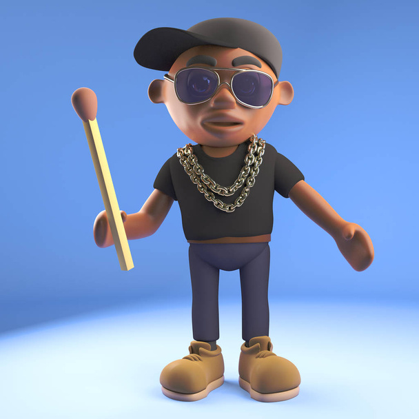 Cartoon 3D schwarzer Hip-Hop-Rapper mit Baseballmütze, der ein unbeleuchtetes Streichholz hält, 3D-Illustration - Foto, Bild