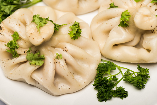 close up view of delicious Khinkali with cilantro and black pepper on white plate - Foto, Imagem