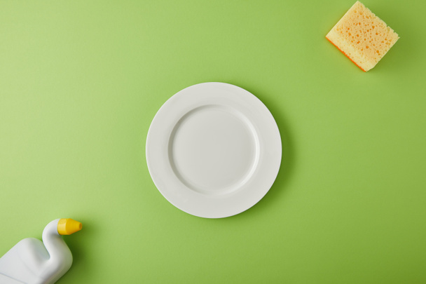 πάνω όψη λευκού πιάτου, σφουγγαριού και μπουκαλιού για πλύσιμο πιάτων στο πράσινο - Φωτογραφία, εικόνα