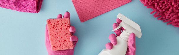 panoramatický záběr hospodyně v růžových gumových rukavicích drží houbu a sprej láhev na modré s hadry - Fotografie, Obrázek