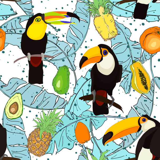 Απρόσκοπτη μοτίβο με toucan πουλί, φύλλα - Διάνυσμα, εικόνα
