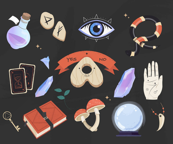 Mystic, esoteric and occult set - planchette, book, palmistry hand, crystal ball, bottle potion and tarot flat vector isolated. Magic items collection, witchcraft symbols. - Vector, Image
