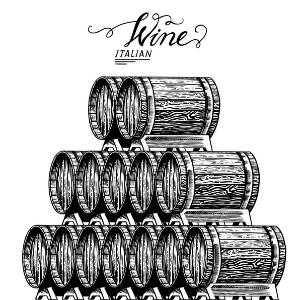 Wooden oak barrels of aged wine. Pyramidal pile of Vessels and kegs with French alcohol brandy or whiskey. Vintage Cask for Beverage maturing. Hand Drawn engraved sketch for bar menu, banner or poster - Vector, Image