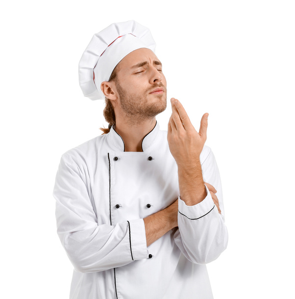 glücklicher männlicher Koch auf weißem Hintergrund - Foto, Bild