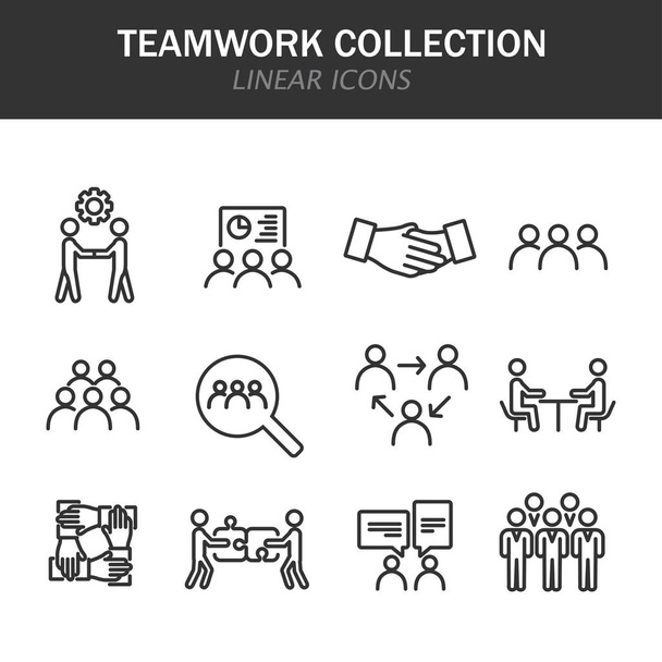 Kolekce týmové práce lineární ikony v černé na bílém pozadí - Vektor, obrázek