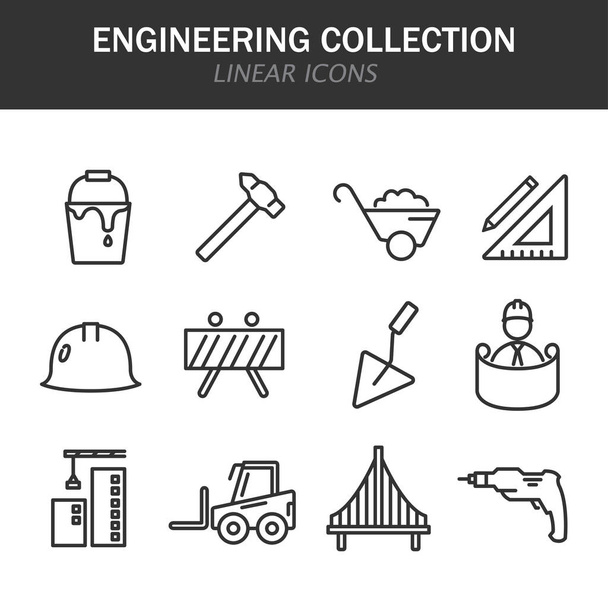 Kolekcja inżynieryjna ikony liniowe w kolorze czarnym na białym tle - Wektor, obraz