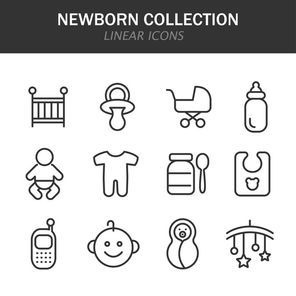 Newborn collection linear icons in black on a white background - Vector, Image