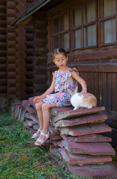 vertikales Foto eines sechsjährigen Mädchens, das mit einem Kaninchen spielt - Foto, Bild